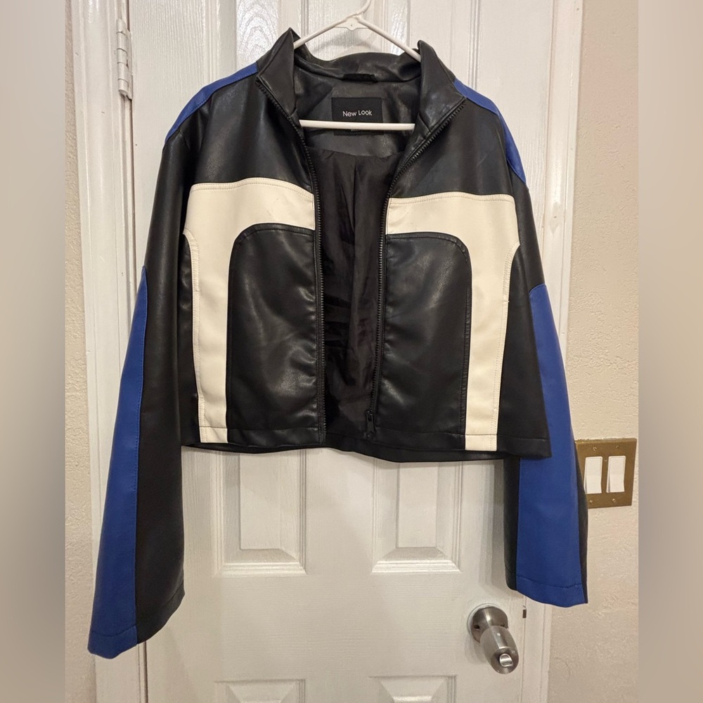 New Look Black, White & Blue Colorblock Faux Leather Jacket